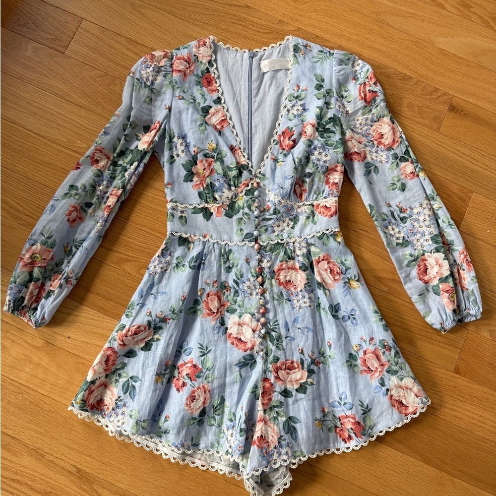 Zimmermann linen Blue Floral romper with Lace Detail